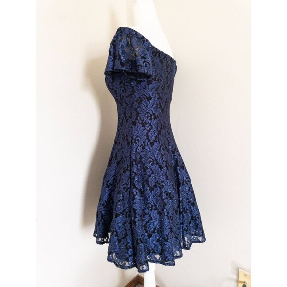 Vintage 2000s Off-Shoulder Blue & Black Glitter Lace Lined Dress S Prom - Picture 3 of 14